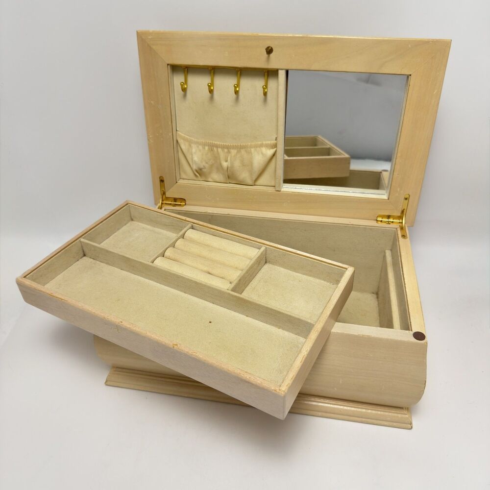 2-Tier Wooden Jewelry Organizer with Necklace Hooks, Mirror & Removable Tray